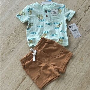 NEW 🆕 Baby Outfit with Palm Tree Print Shirt and Tan Shorts 0-3 months
